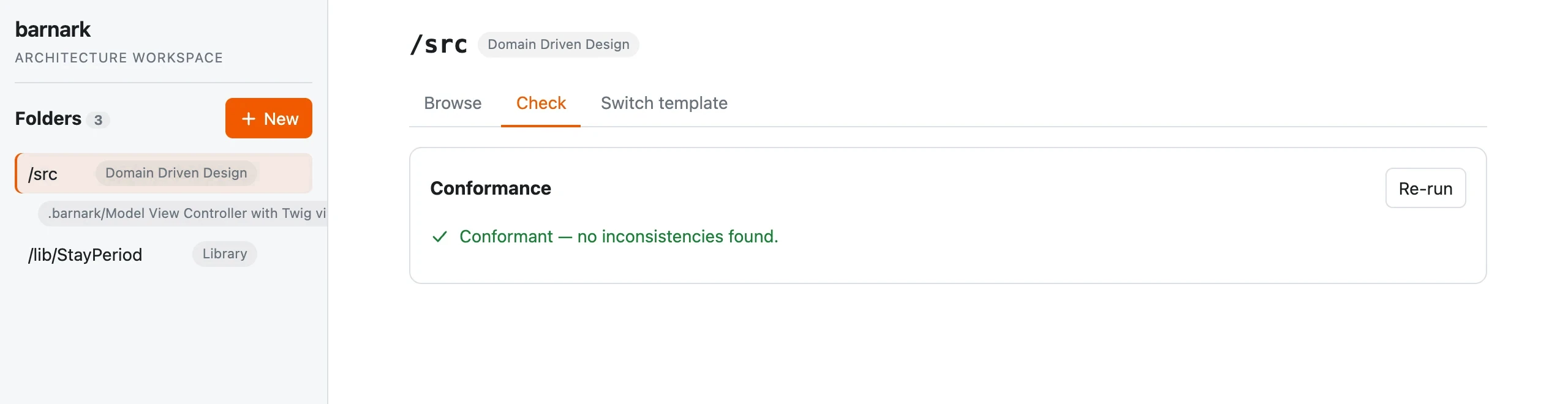 The Barnark Check tab for a real project's source folder, reporting: Conformant, no inconsistencies found.