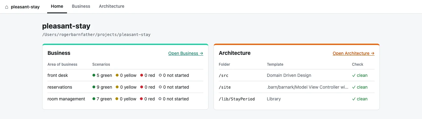 The home page of a barn. Business lists each area of business with its scenarios counted green, yellow, red and not started. Architecture lists each tracked folder with its template and whether it is clean.