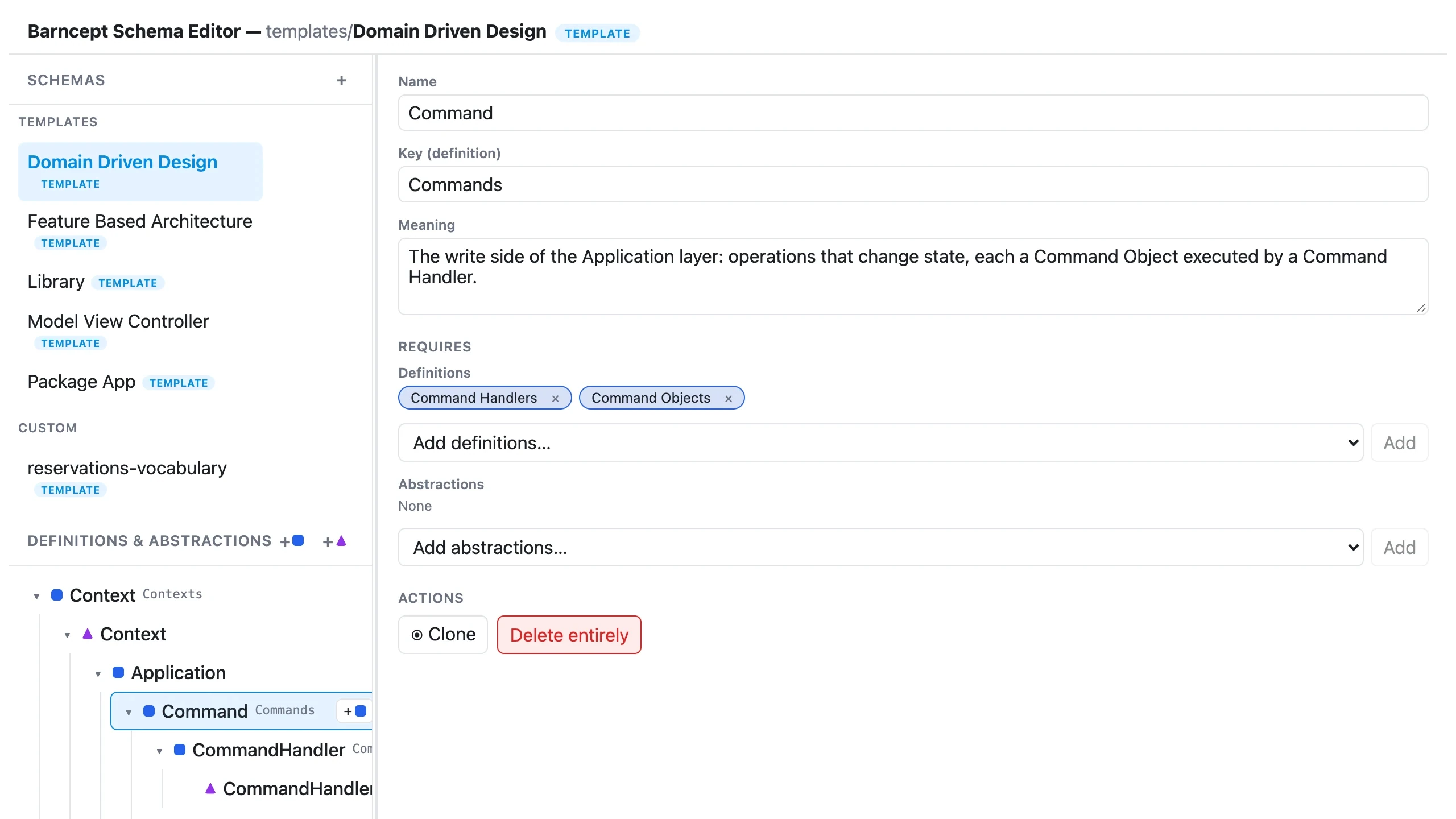 The Barncept editor open on the Domain Driven Design architecture template, with the Command concept selected and its meaning shown.