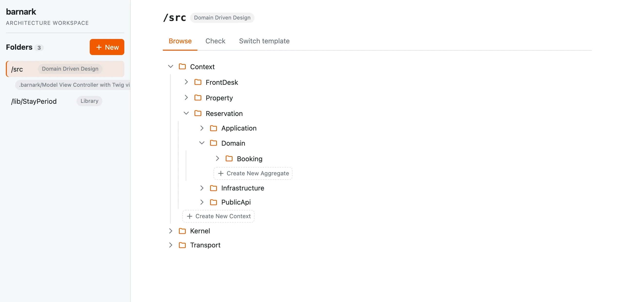 The Barnark workspace browsing a real codebase arranged in a Domain Driven Design style, with Create New Context and Create New Aggregate buttons wherever the template allows them.
