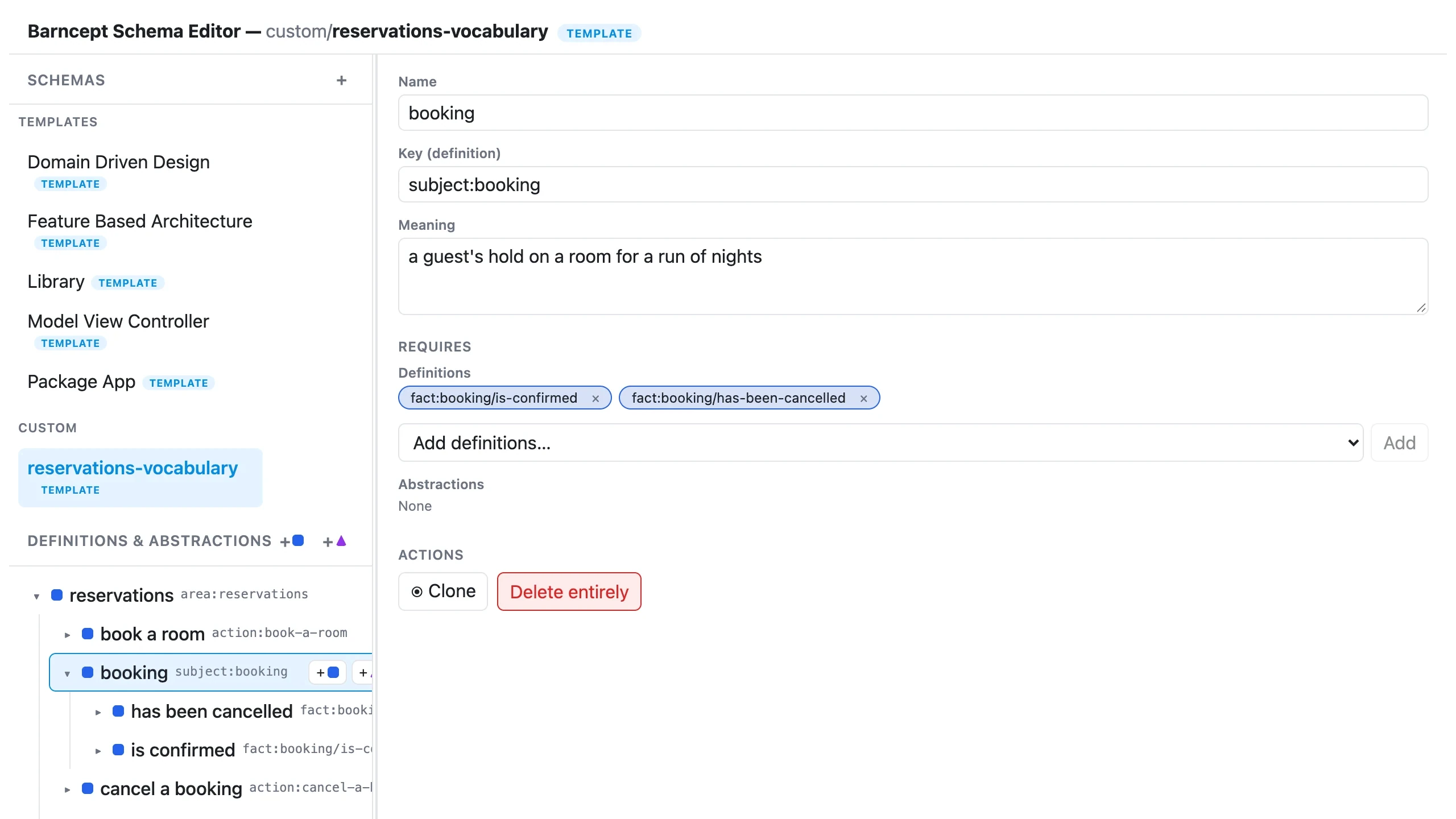 The Barncept schema editor showing a hotel's reservations vocabulary as a tree of concepts. The selected concept, booking, means a guest's hold on a room for a run of nights, and is linked to the facts is confirmed and has been cancelled.